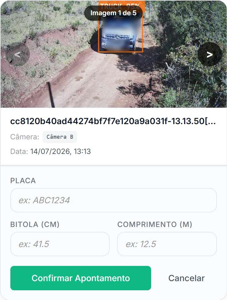 Tela real de apontamento do AgroRastro: card do registro de 14/07/2026 13:13, Câmera B, com o carrossel “Imagem 1 de 5” e os campos Placa, Bitola (cm) e Comprimento (m) e o botão Confirmar Apontamento
